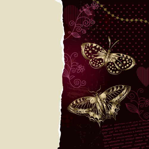 Gold butterfly with ornament background vector 01