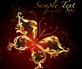 Gold butterfly with ornament background vector 02