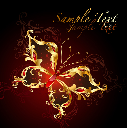 Gold butterfly with ornament background vector 02