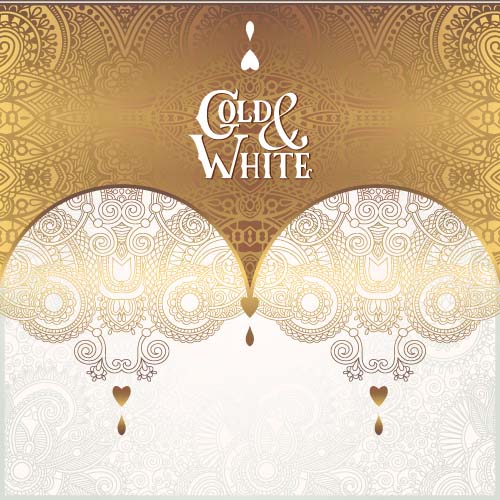 Gold lace with white ornaments background vector 01