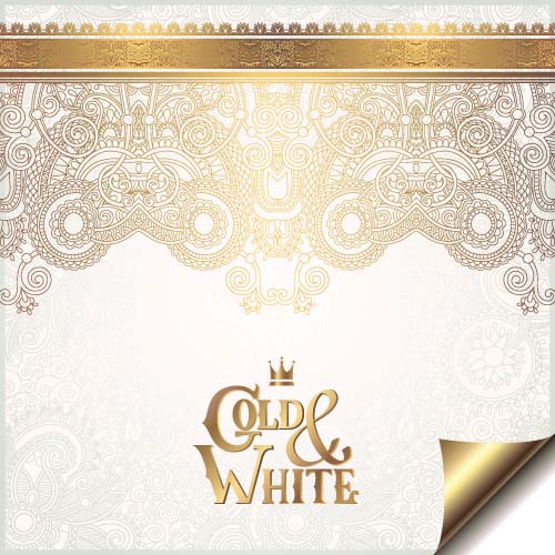 Gold lace with white ornaments background vector 03