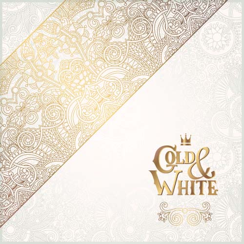 Gold lace with white ornaments background vector 05