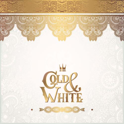 Gold lace with white ornaments background vector 08