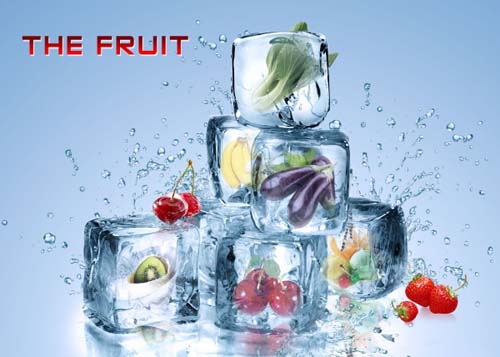 Ice with vegetables and fruits psd background