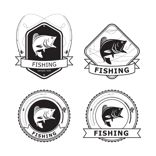 Retro fishing labels design vector material 01