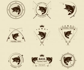 Retro fishing labels design vector material 02