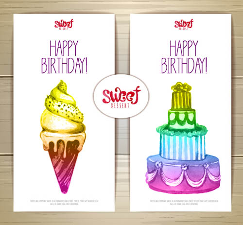 Sweet dessert happy birthday cards vectors 01