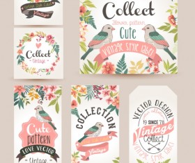 Vintage cute bird cards vectors