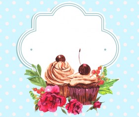 Watercolor cupcakes with vintage card vector 01