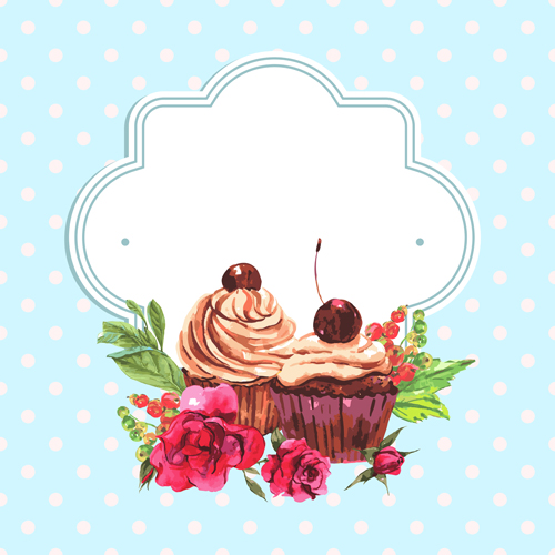 Watercolor cupcakes with vintage card vector 01