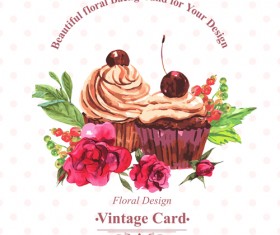 Watercolor cupcakes with vintage card vector 02