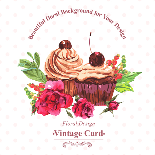 Watercolor cupcakes with vintage card vector 02