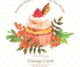 Watercolor cupcakes with vintage card vector 03
