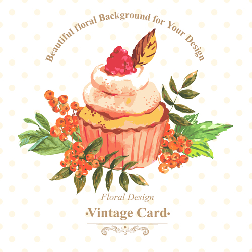 Watercolor cupcakes with vintage card vector 03