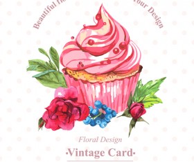 Watercolor cupcakes with vintage card vector 04