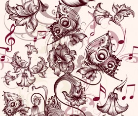 Beautiful seamless floral pattern with butterflies and music note vector
