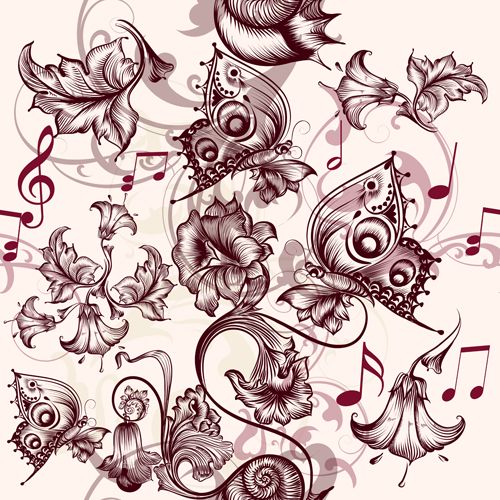 Beautiful seamless floral pattern with butterflies and music note vector