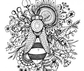 Bee flowers hand drawn vector