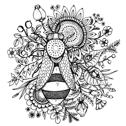 Bee flowers hand drawn vector