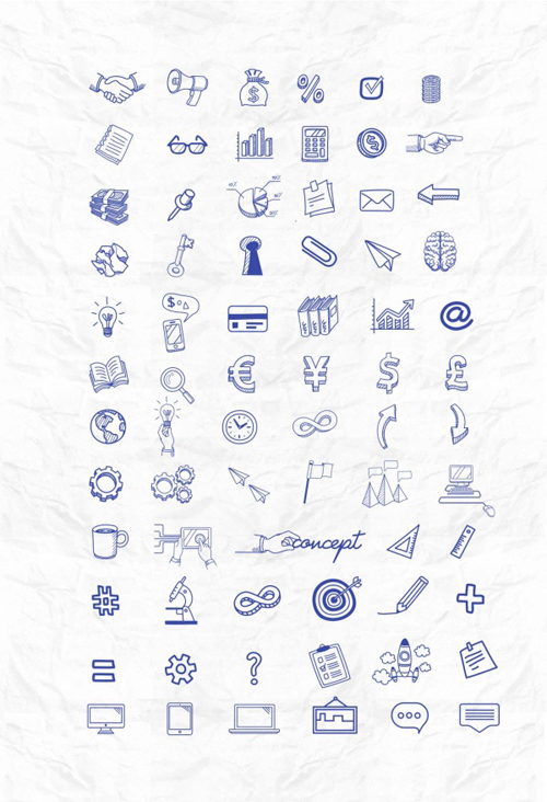 Blue business icons hand drawn set