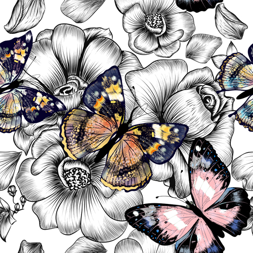 Butterflies with flower hand drawn vector seamless pattern 01