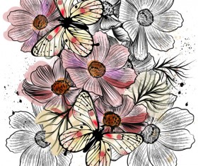 Butterflies with flower hand drawn vector seamless pattern 02