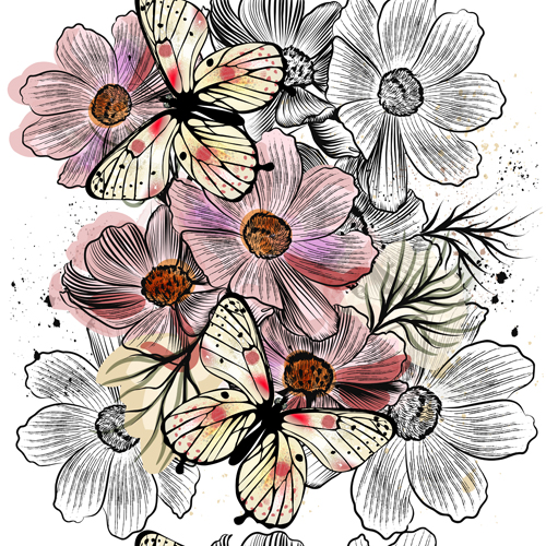 Butterflies with flower hand drawn vector seamless pattern 02