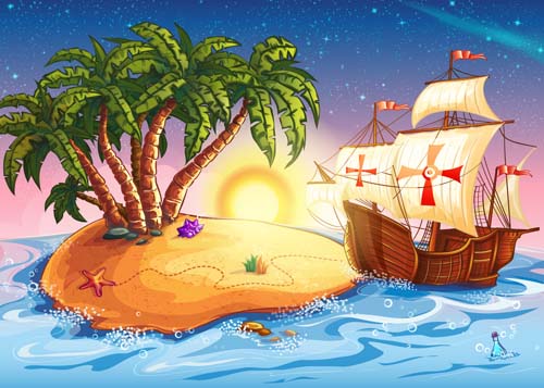 Cartoon island with explorer ship vector material