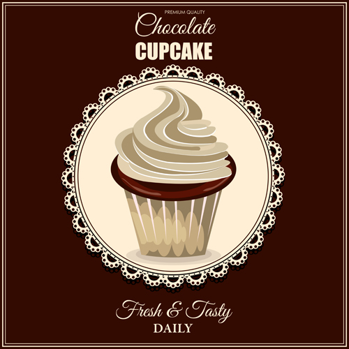 Chocolate cupcake background with lace vector 02