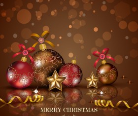 Christmas baubles with colored ribbon vector background
