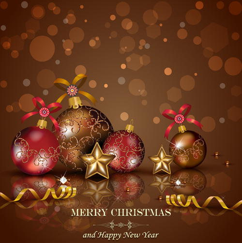 Christmas baubles with colored ribbon vector background