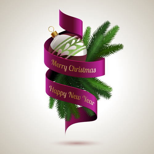 Christmas baubles with purple ribbon vector material