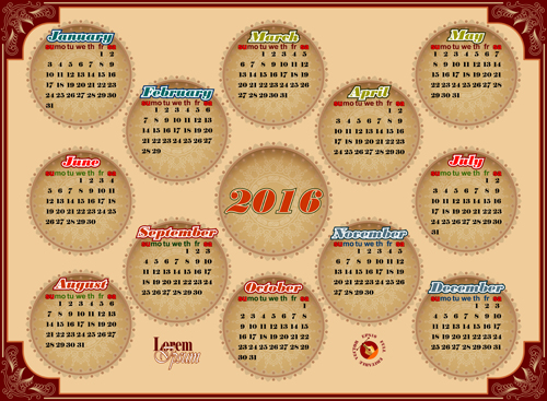 Circular Calendar 2016 vintage vector 02