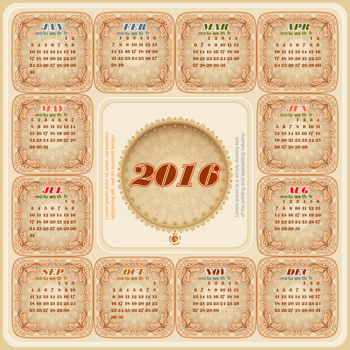 Circular Calendar 2016 vintage vector 03