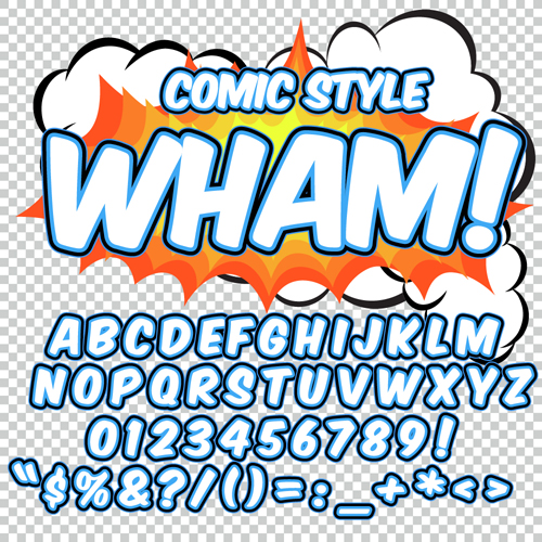 Comic styles alphabet with numbers and symbol vector set 06