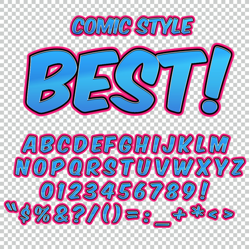 Comic styles alphabet with numbers and symbol vector set 07