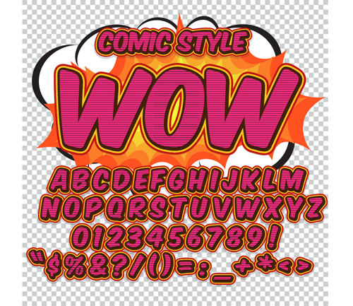 Comic styles alphabet with numbers and symbol vector set 13