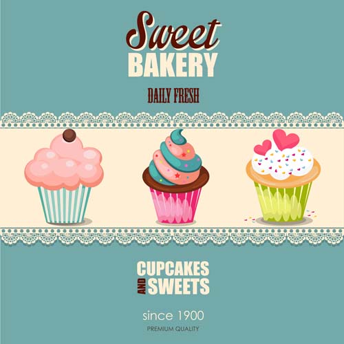 Cupcake and sweet card with lace vector 02