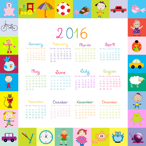 Cute kids calendars 2016 vector 03