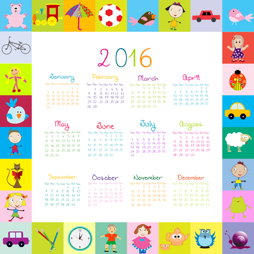 Cute kids calendars 2016 vector 04