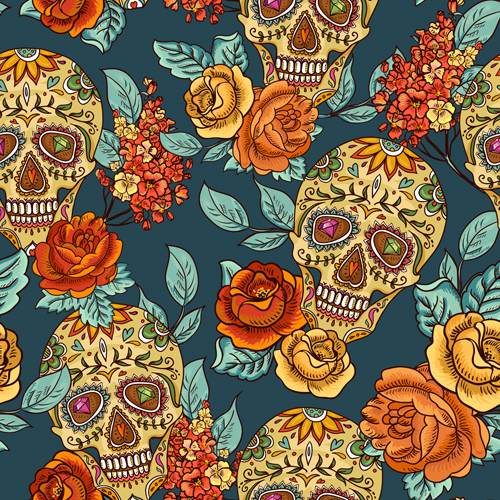 Floral with skull vector seamless pattern 02