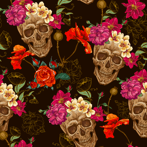 Floral with skull vector seamless pattern 03