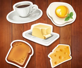 Food stickers and wood background creative vectors 01