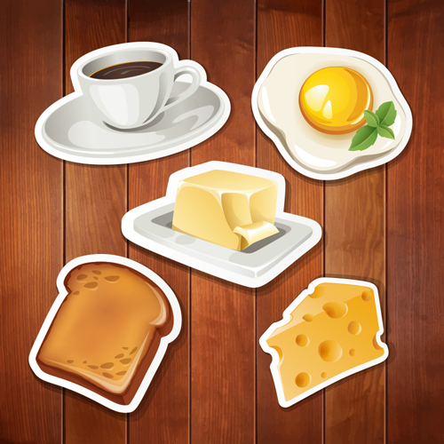 Food stickers and wood background creative vectors 01