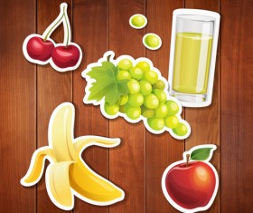 Food stickers and wood background creative vectors 02