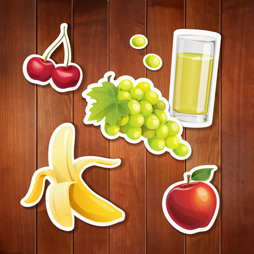 Food stickers and wood background creative vectors 02