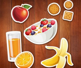 Food stickers and wood background creative vectors 03