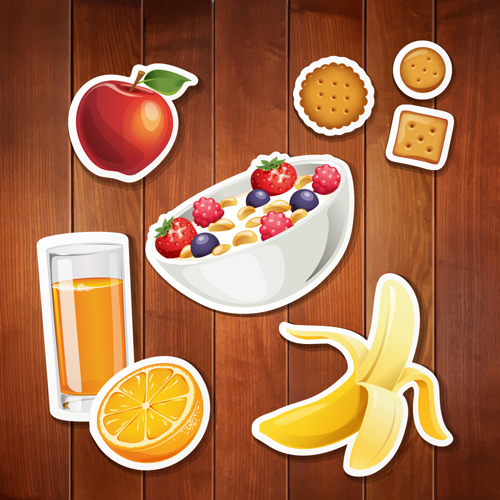Food stickers and wood background creative vectors 03