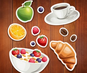 Food stickers and wood background creative vectors 04