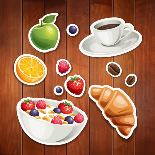 Food stickers and wood background creative vectors 04